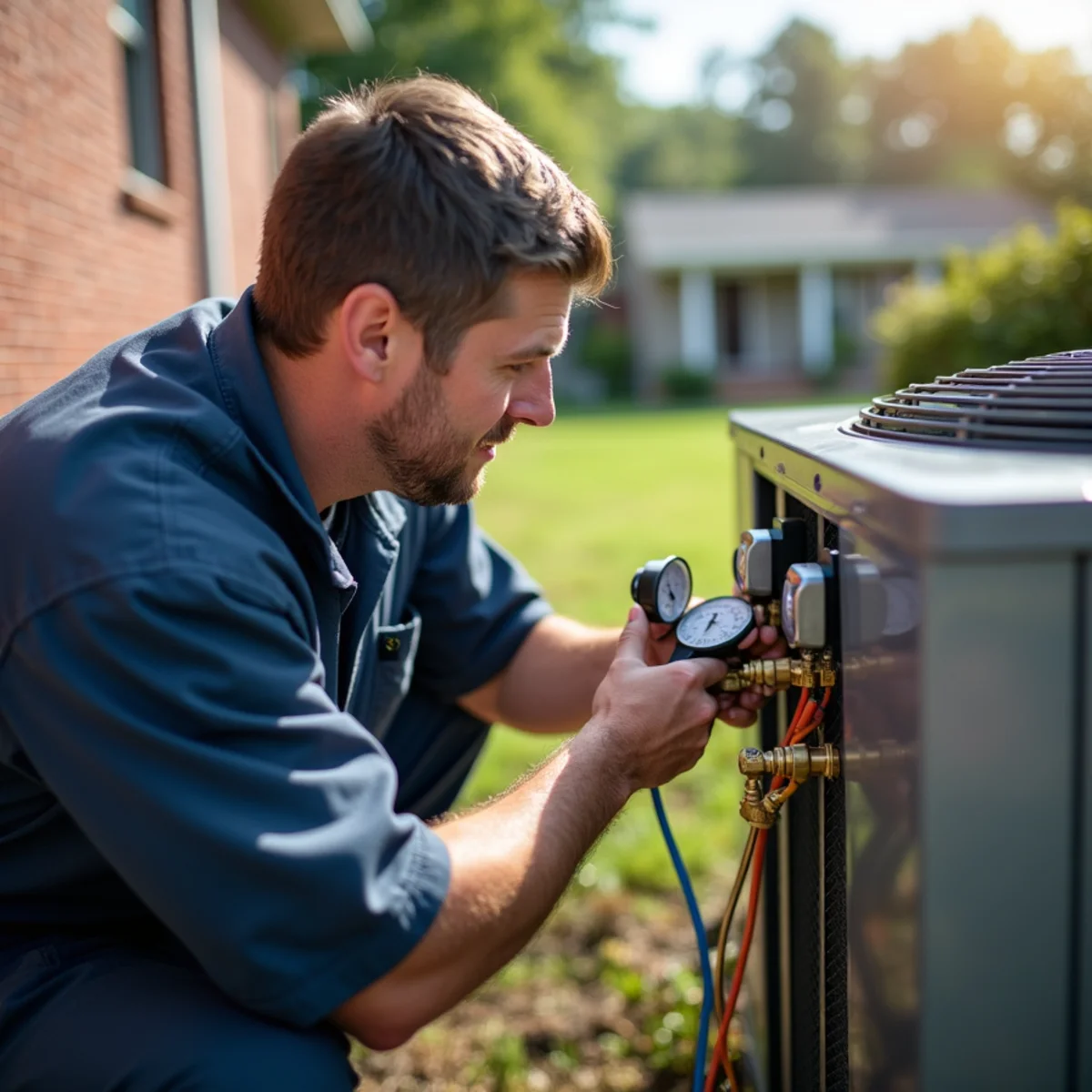 Licensed HVAC technician repairing residential air conditioner compressor in Dunn NC