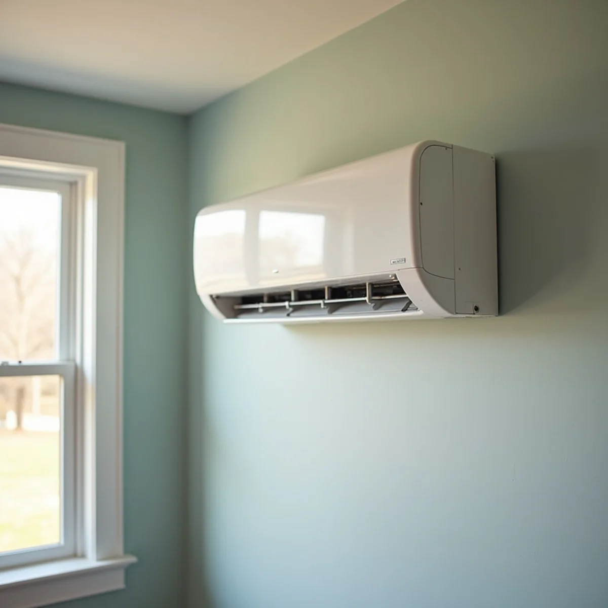 Modern ductless mini-split heat pump air handler installed on interior wall of a Dunn NC home
