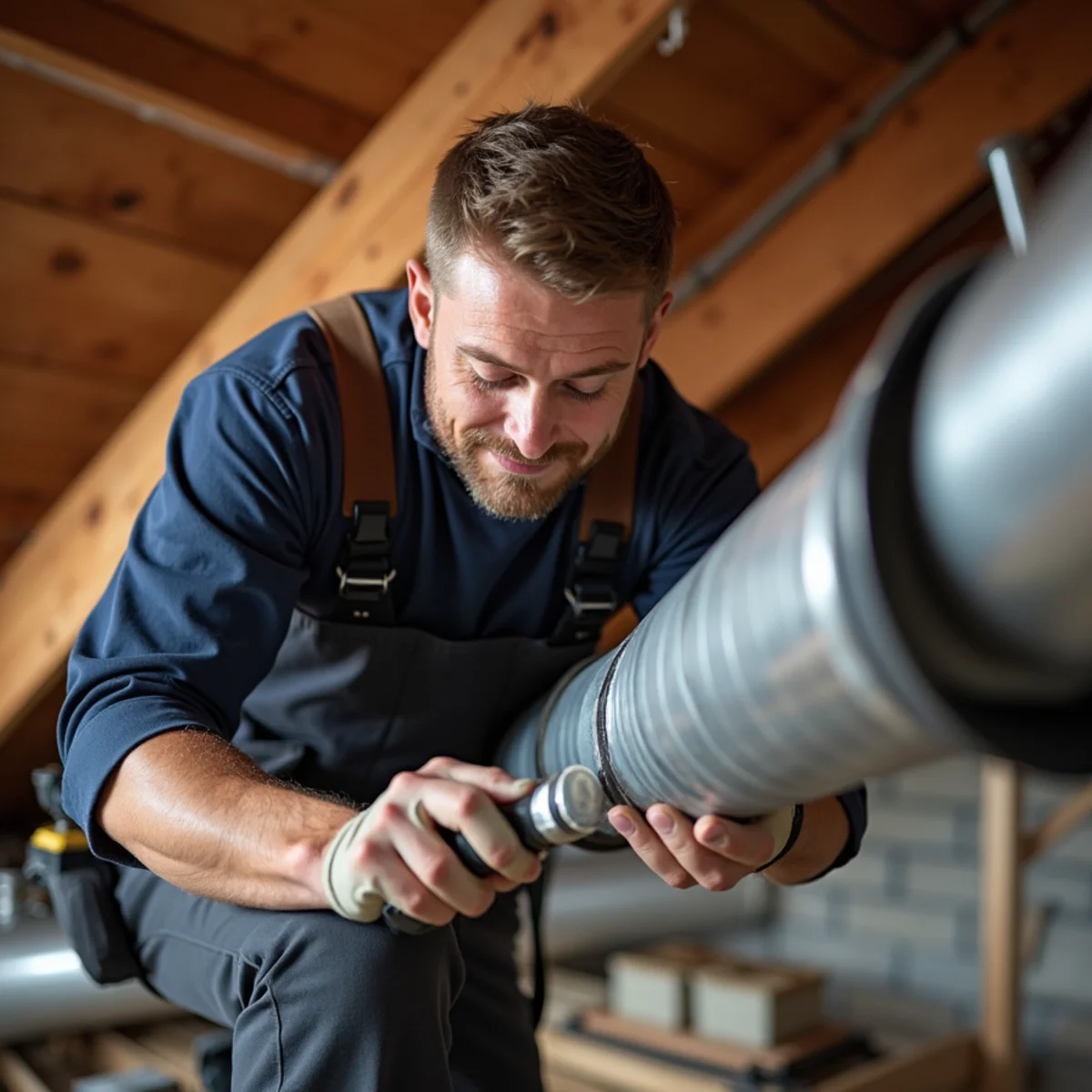 HVAC technician sealing flexible crawl space ductwork with mastic sealant in Dunn NC