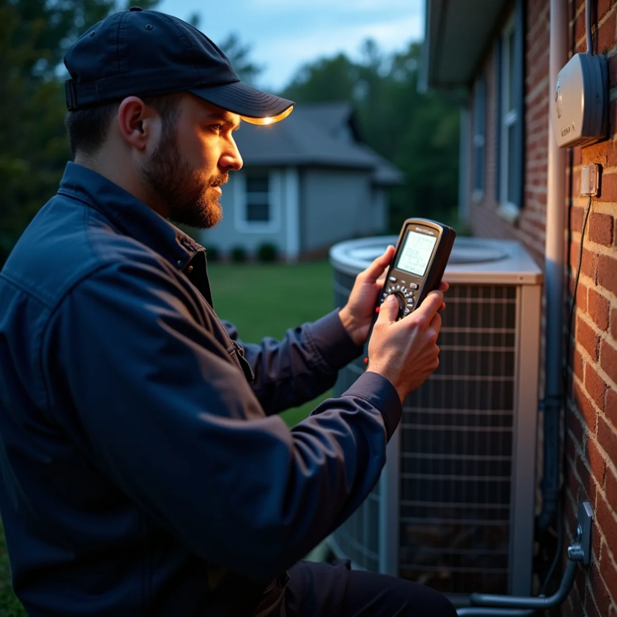 Emergency HVAC technician servicing residential heating and AC unit at night in Dunn NC