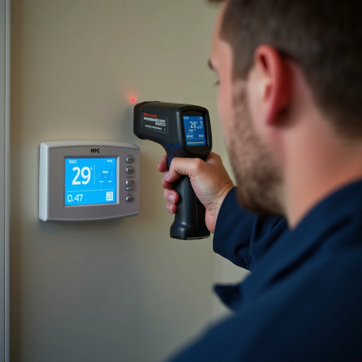 HVAC technician testing heat pump outdoor unit on a frosty winter morning in North Carolina