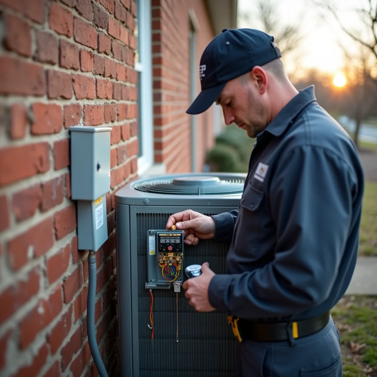 HVAC technician testing outdoor heat pump defrost board and refrigerant pressures in Dunn NC