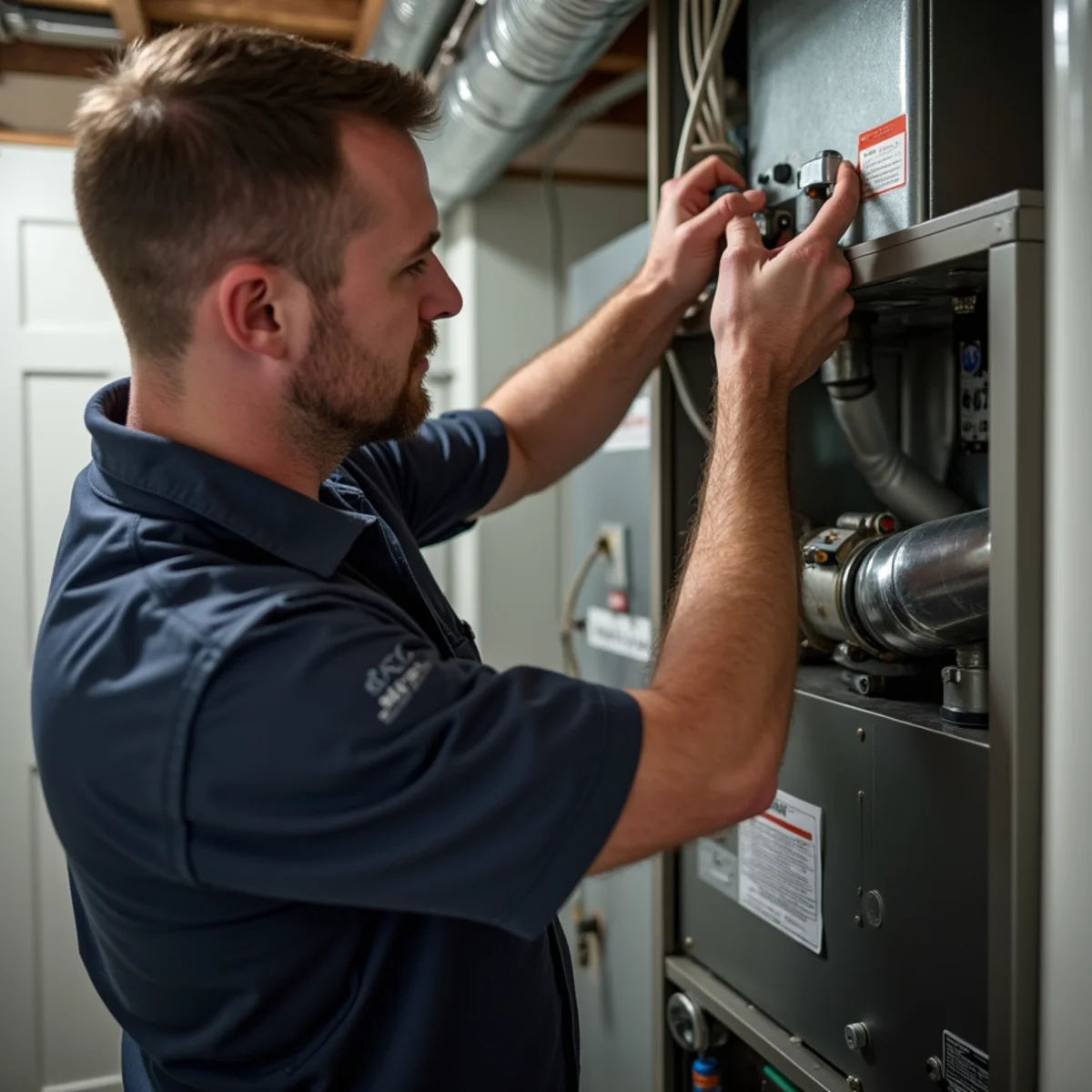 HVAC technician testing gas furnace ignition sequence and flame sensor in Dunn NC home