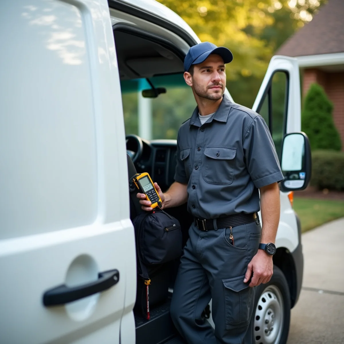 Licensed North Carolina HVAC technician standing alongside equipped service vehicle in Dunn