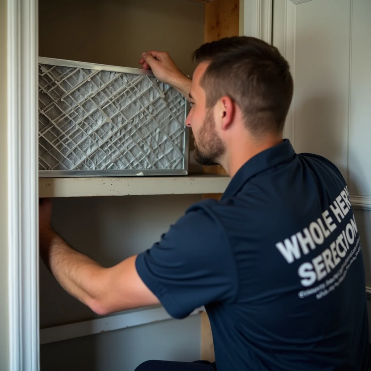 HVAC specialist installing high-efficiency MERV 13 media air filter in residential air handler