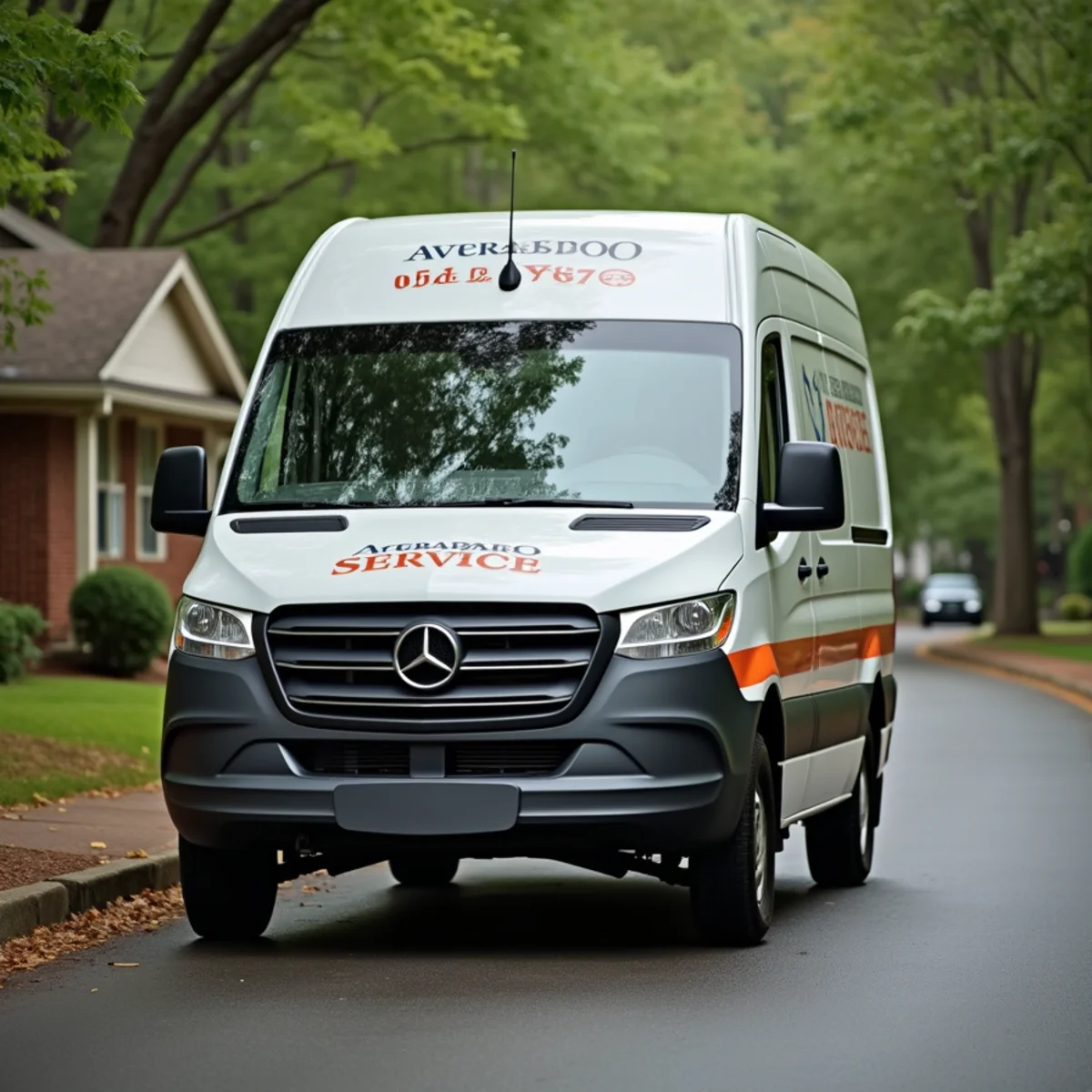 HVAC service vehicle and technician in historic Erwin NC residential neighborhood