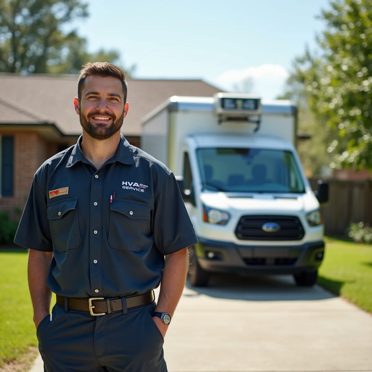 HVAC technician servicing outdoor heat pump unit near Cape Fear River in Lillington NC