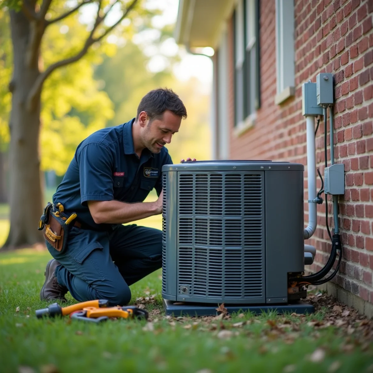 Averasboro Heating & Air certified technician maintaining modern HVAC unit in Dunn NC